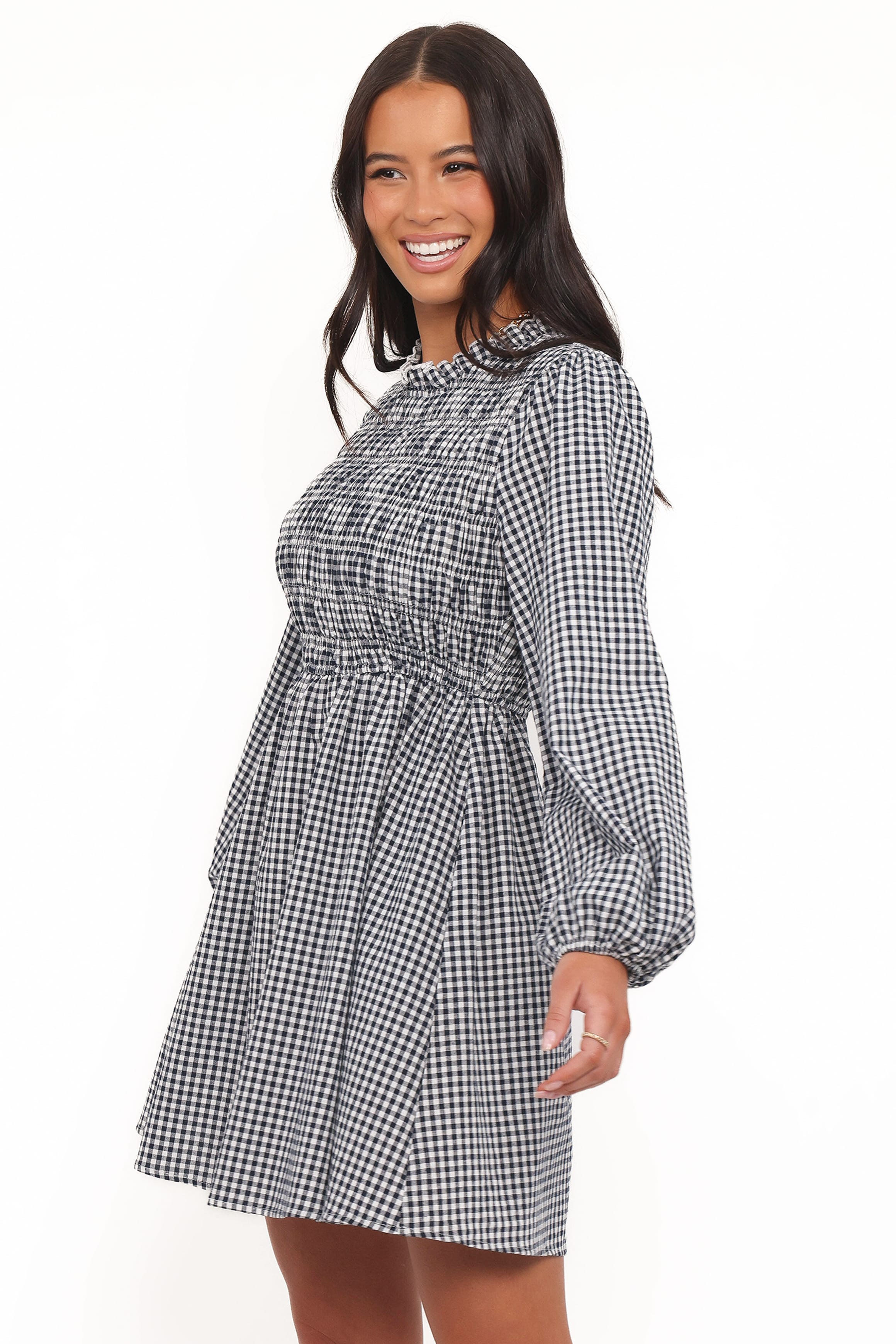Jessen Long Sleeve Mini Dress - Navy Gingham | Petal & Pup