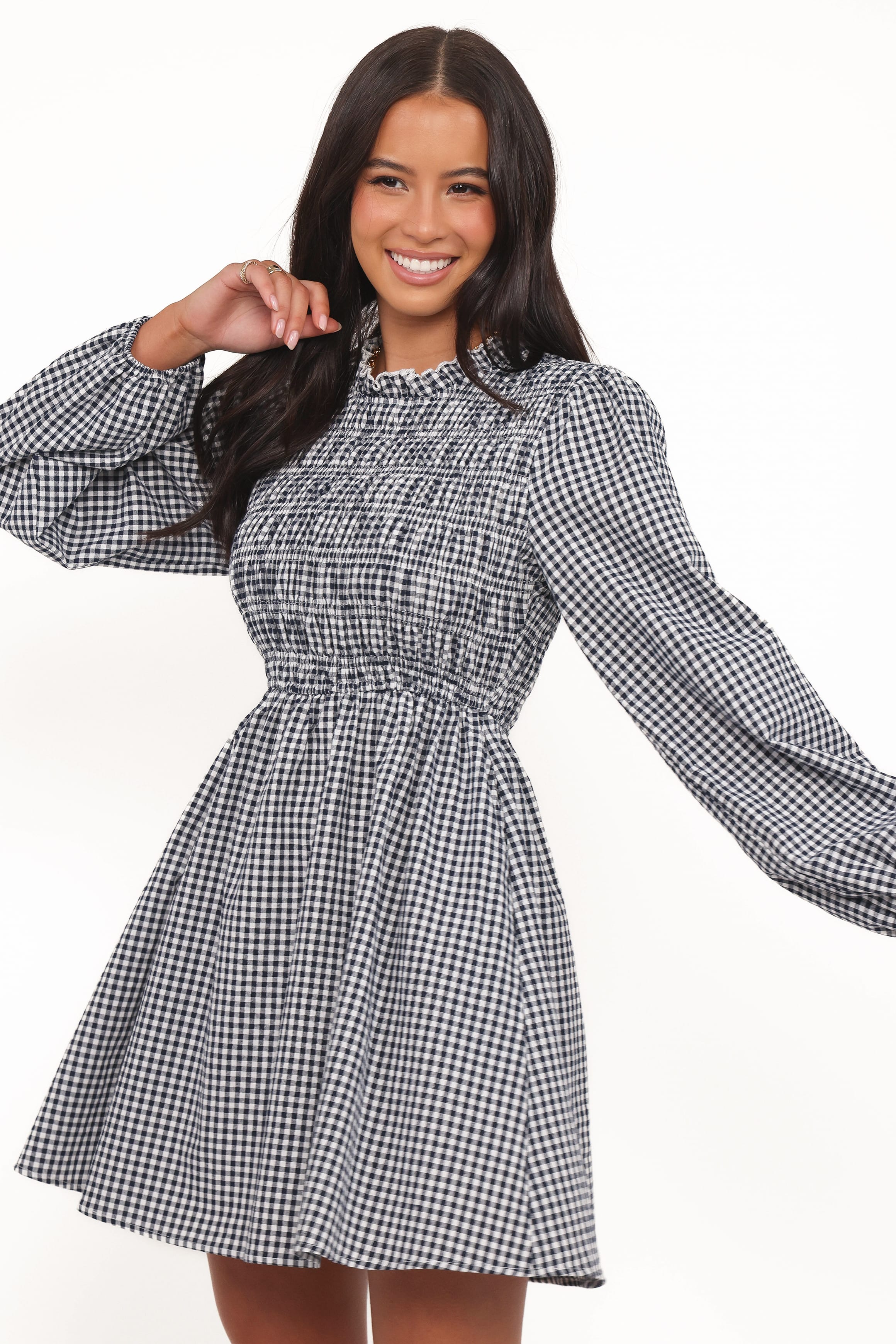Jessen Long Sleeve Mini Dress - Navy Gingham | Petal & Pup