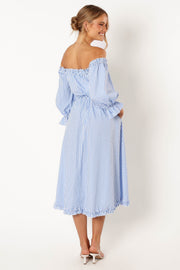 DRESSES @Joey Off Shoulder Midi Dress - Blue Stripe