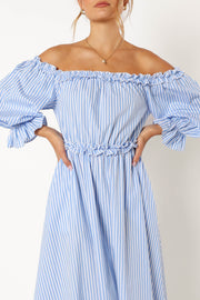 DRESSES @Joey Off Shoulder Midi Dress - Blue Stripe