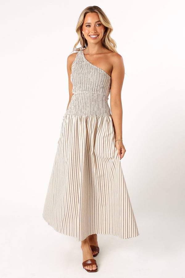 DRESSES @Jordana One Shoulder Midi Dress - Brown Stripe