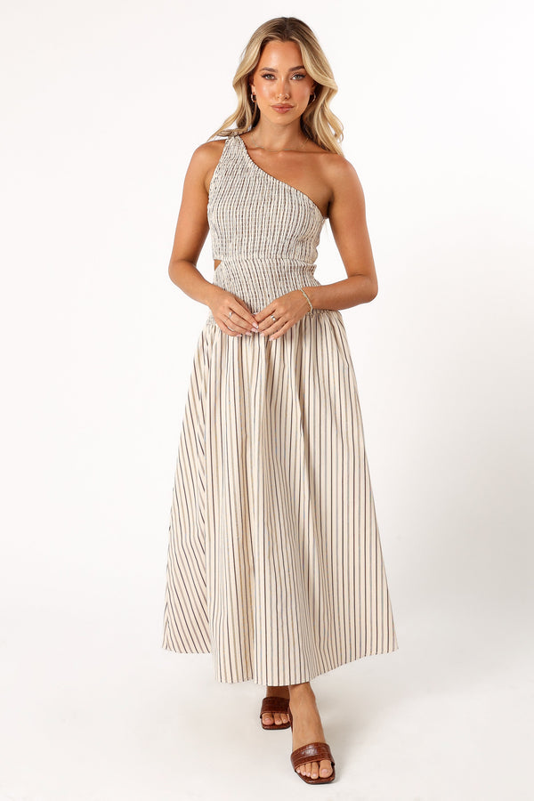 DRESSES @Jordana One Shoulder Midi Dress - Brown Stripe