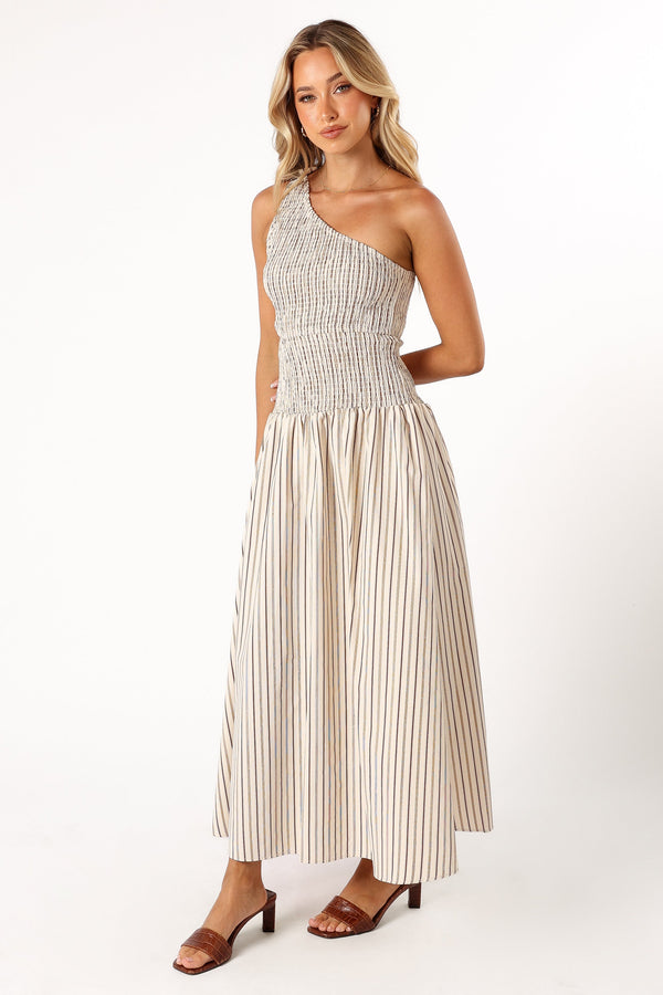 DRESSES @Jordana One Shoulder Midi Dress - Brown Stripe