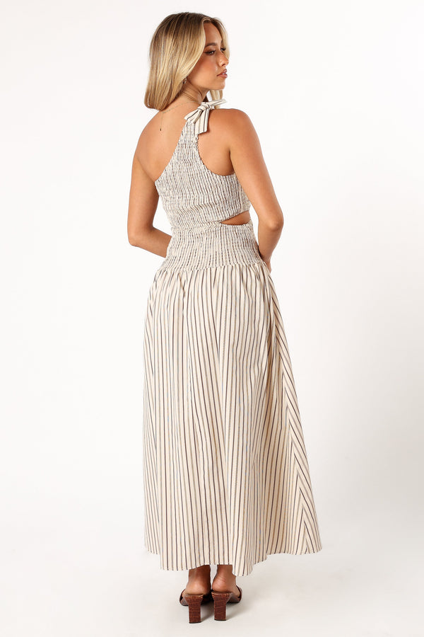 DRESSES @Jordana One Shoulder Midi Dress - Brown Stripe