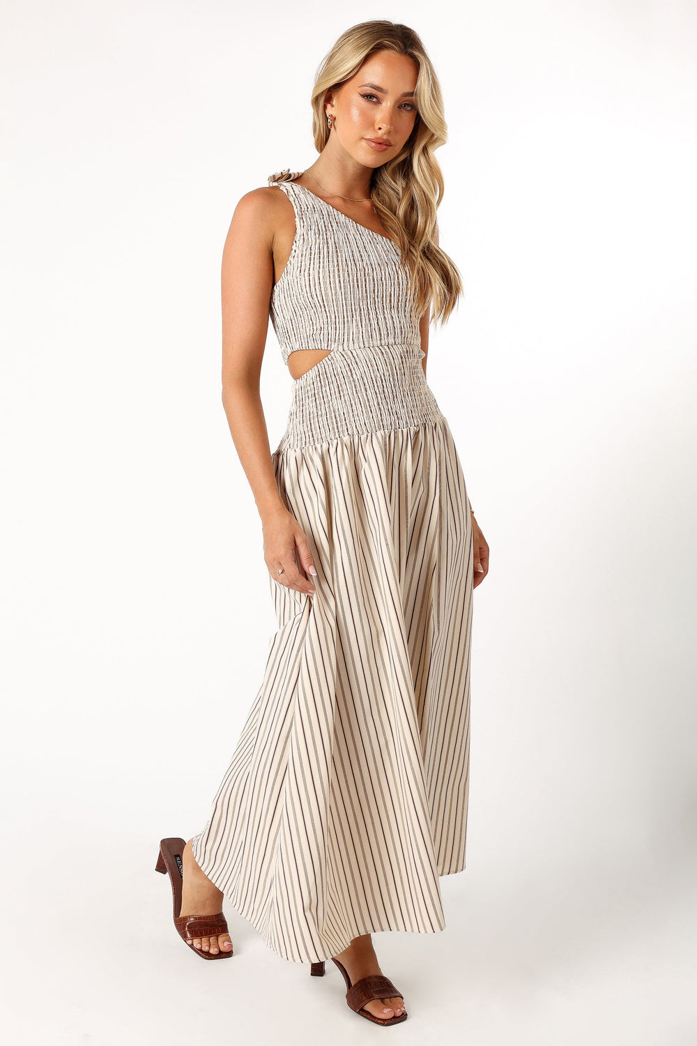DRESSES @Jordana One Shoulder Midi Dress - Brown Stripe