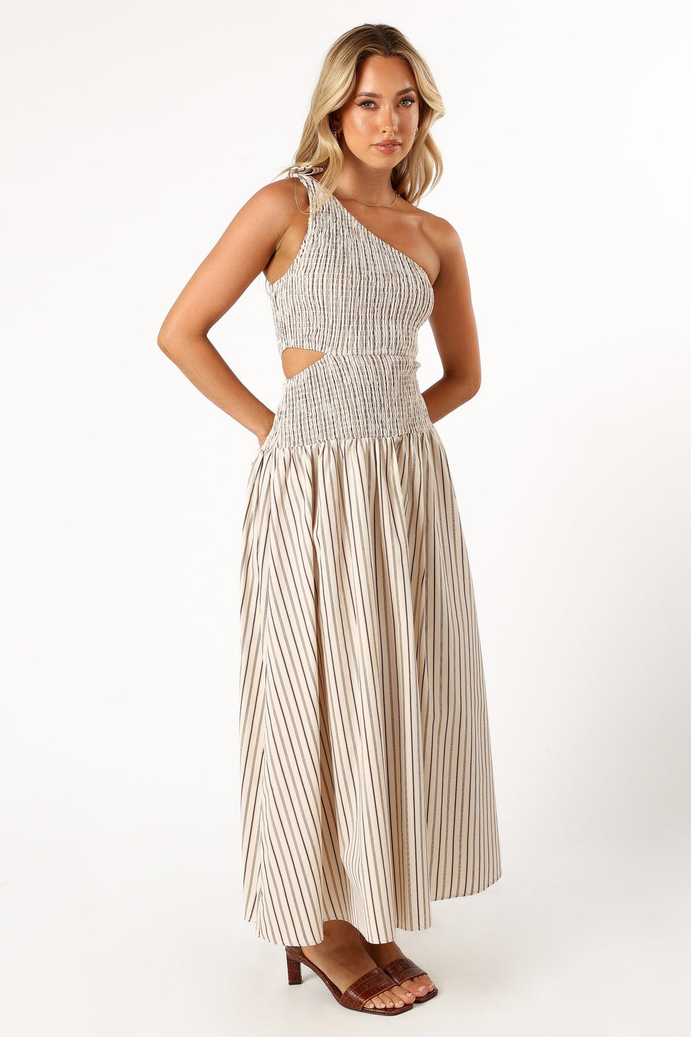 DRESSES @Jordana One Shoulder Midi Dress - Brown Stripe