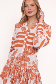 DRESSES Jules Long Sleeve Dress - White/Orange