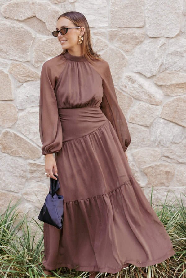 DRESSES Julip Sheer Long Sleeve Maxi Dress - Brown