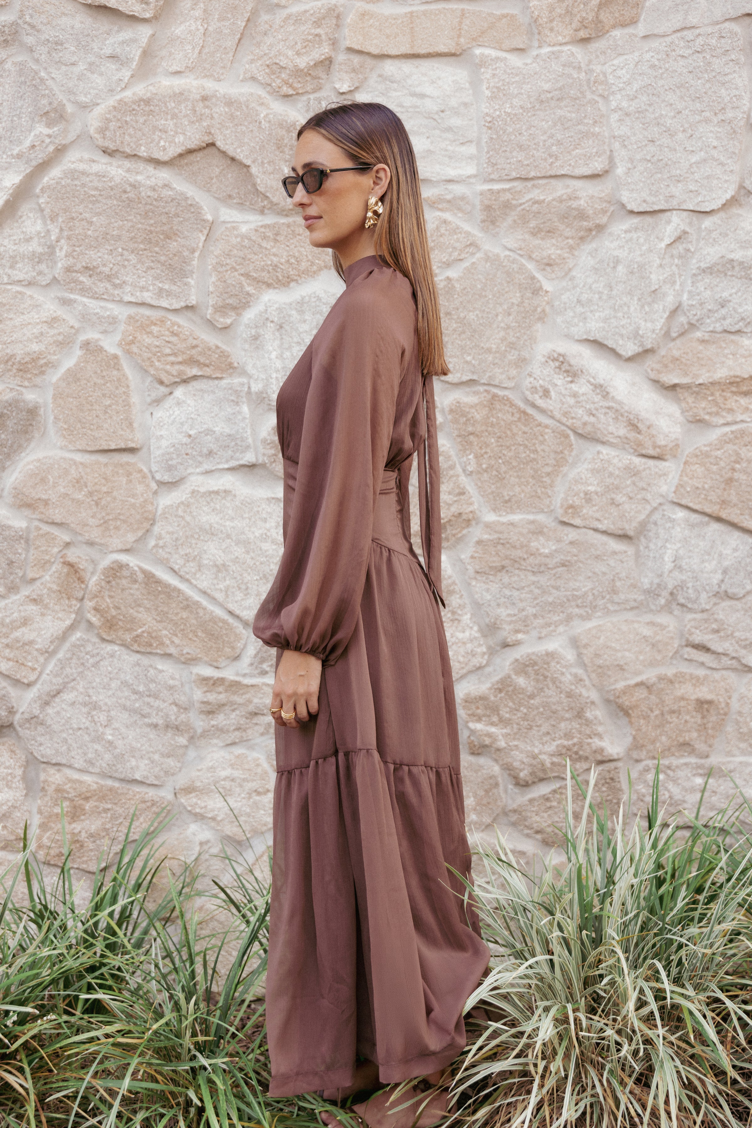 DRESSES Julip Sheer Long Sleeve Maxi Dress - Brown