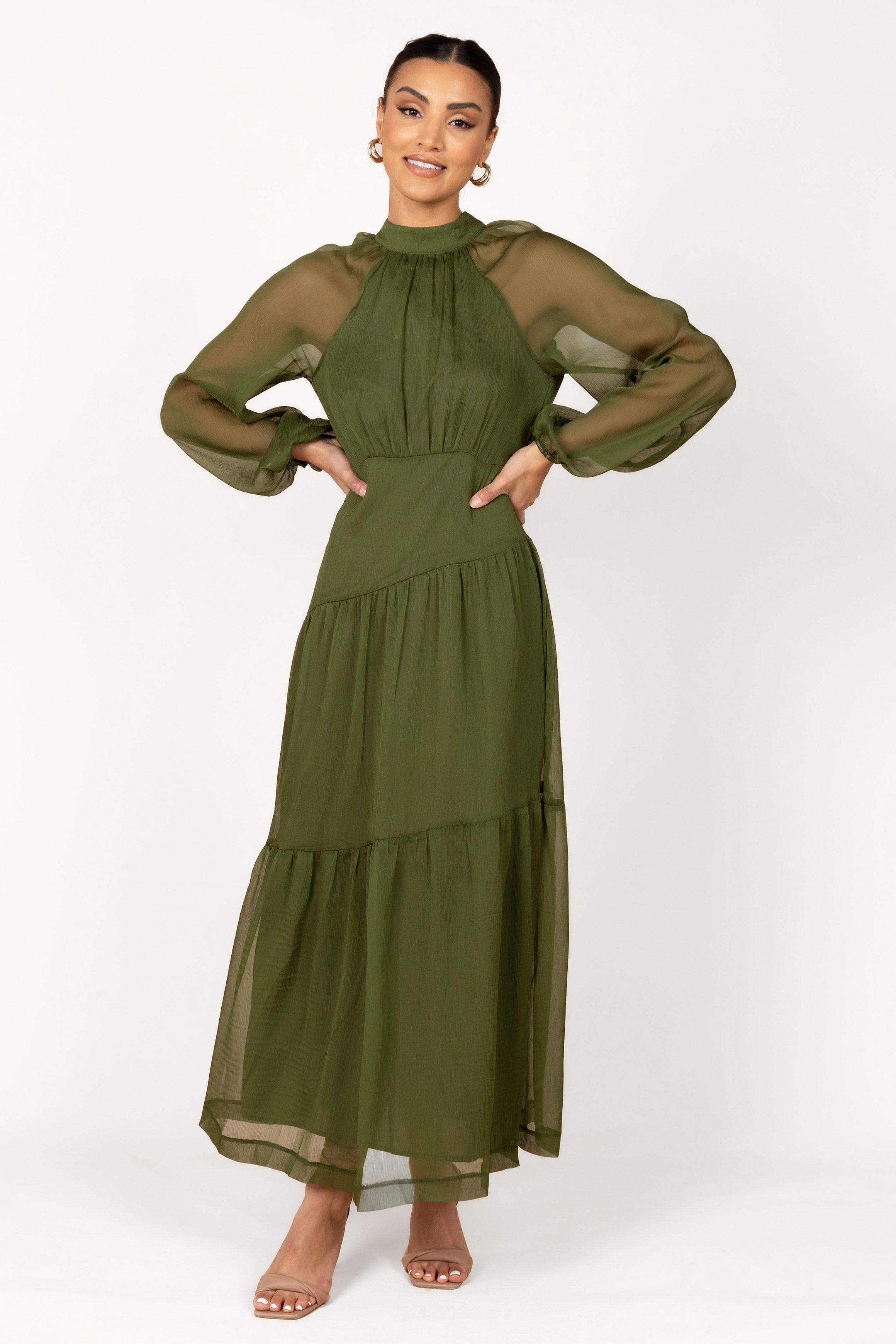 Olive Acetate Slinky Bardot Long Sleeve Maxi Dress | PrettyLittleThing USA