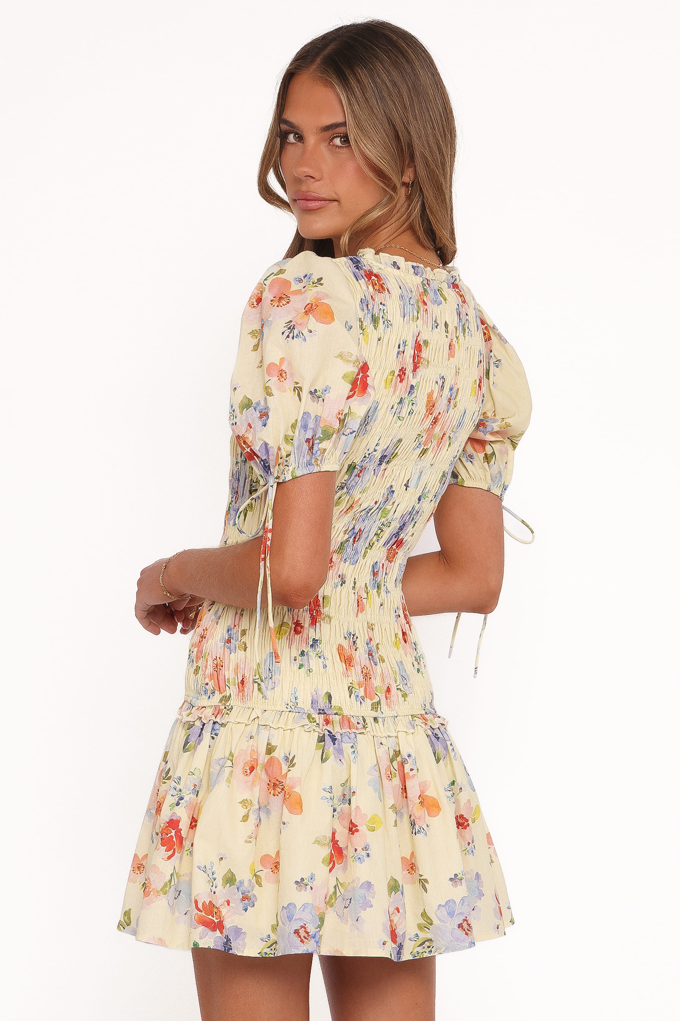 Kaelyn Gather Mini Dress - Yellow Floral | Petal & Pup