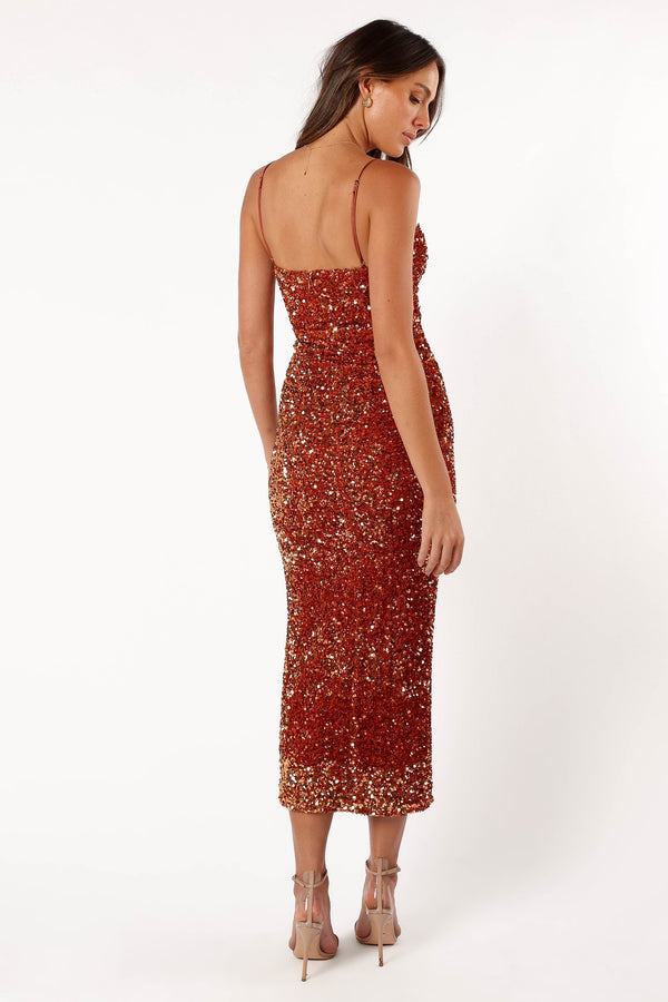 DRESSES @Kailee Sequin Midi Dress - Gold