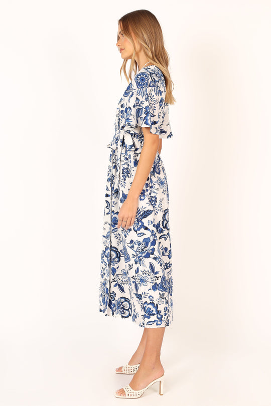 Kaleen Midi Wrap Dress - White Blue - Petal & Pup