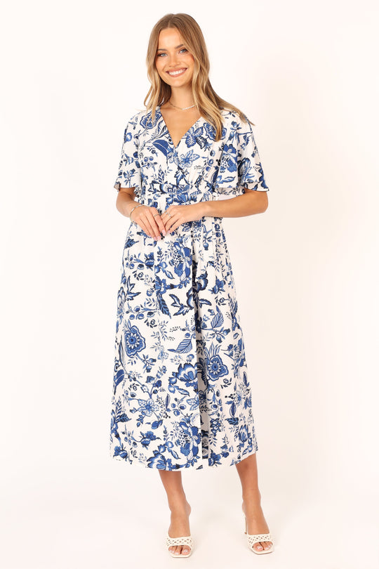 Kaleen Midi Wrap Dress - White Blue - Petal & Pup