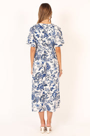 DRESSES @Kaleen Midi Wrap Dress - White Blue