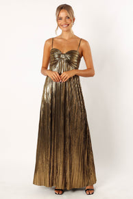 DRESSES @Kanthro Pleated Maxi Dress - Gold
