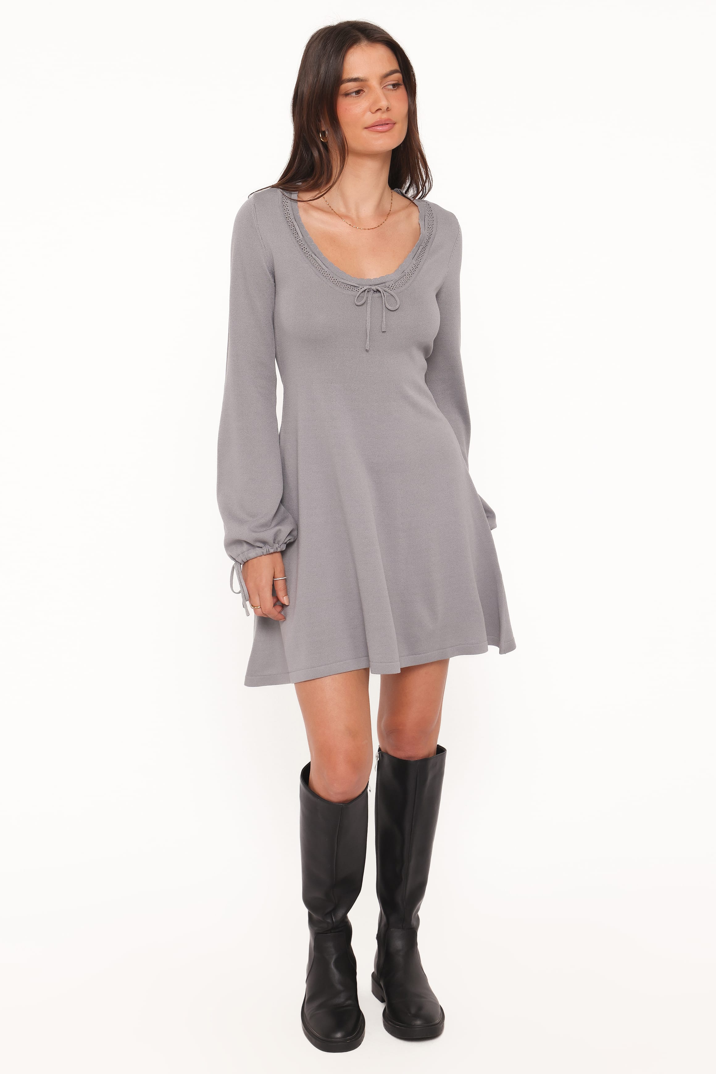 Kaylee Knit Long Sleeve Mini Dress - Grey | Petal & Pup