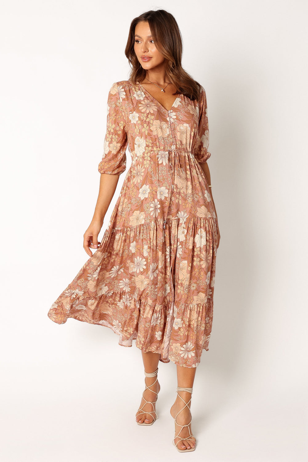 Kelda Dress Tan Floral Petal & Pup