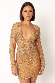 DRESSES @Kelly Long Sleeve Mini Dress - Gold