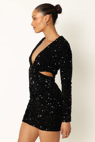 DRESSES @Kelly Long Sleeve Sequin Mini Dress - Black