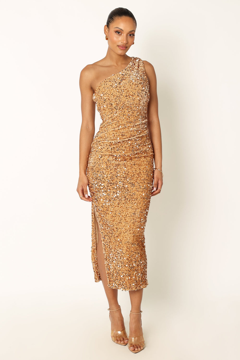 DRESSES @Kiki One Shoulder Midi Dress - Gold