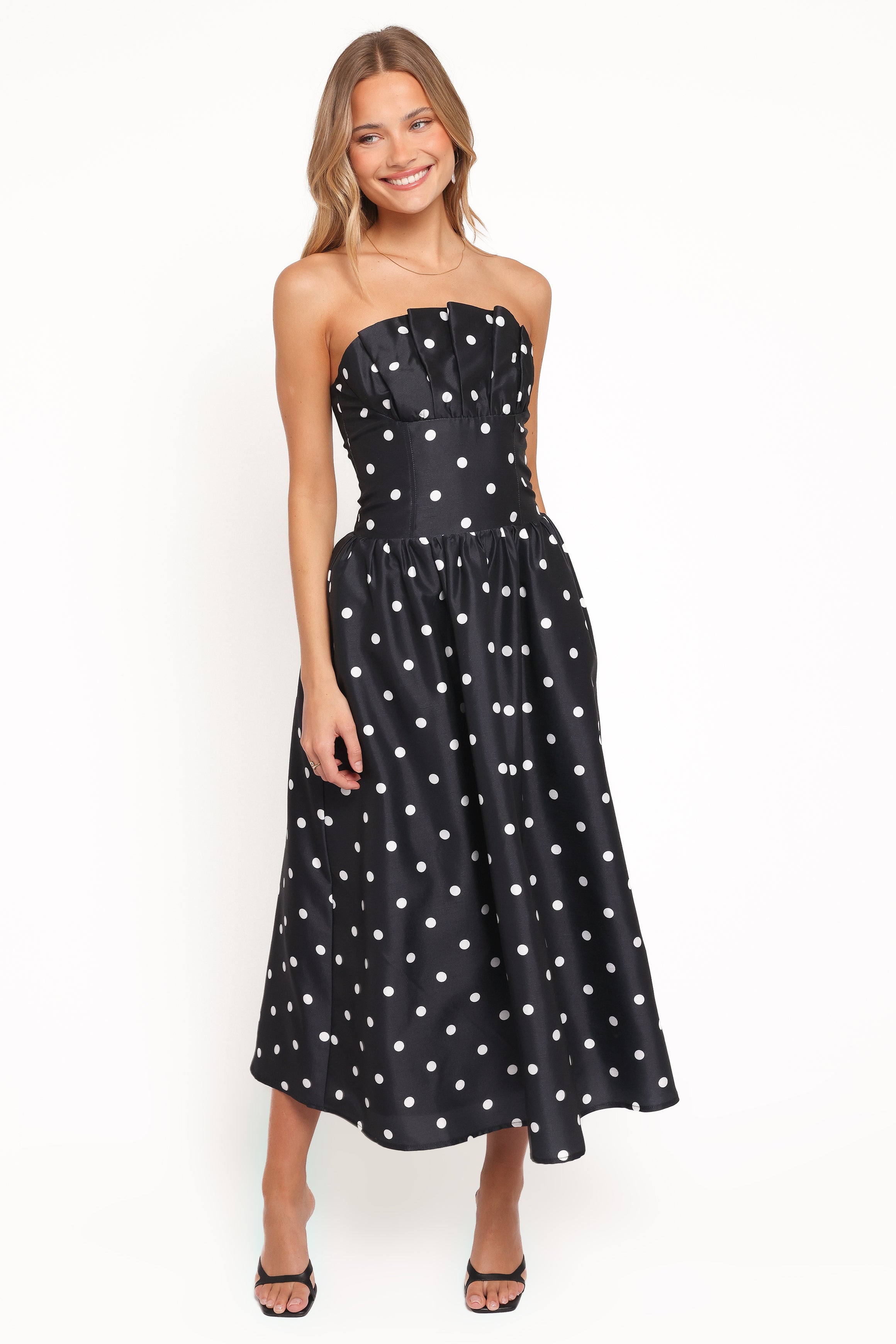DRESSES Kimbra Strapless Midi Dress - Black Polka Dot
