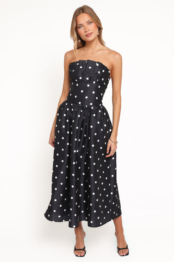 DRESSES Kimbra Strapless Midi Dress - Black Polka Dot