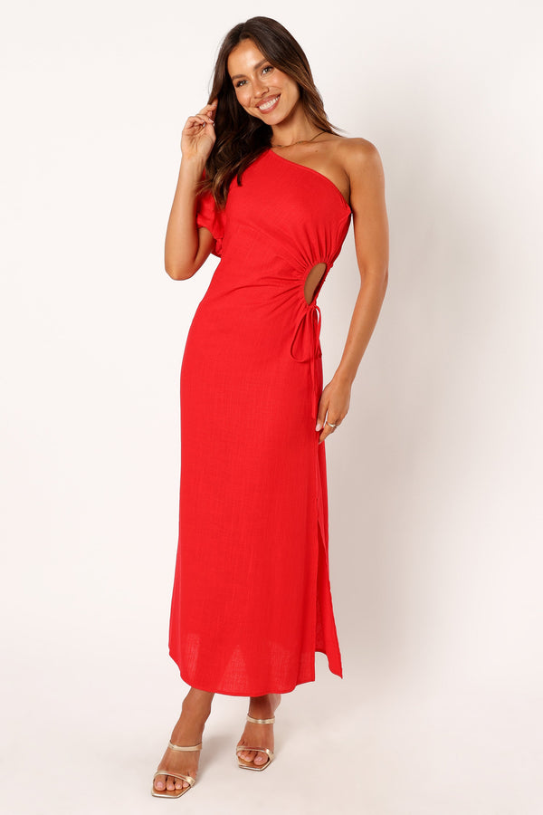 DRESSES @Kimmie One Shoulder Cut Out Midi Dress - Red