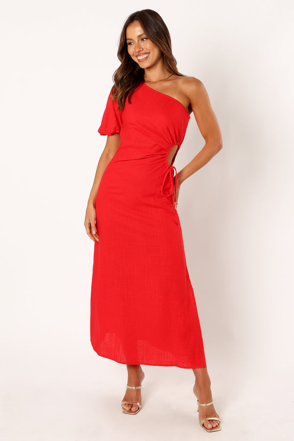 DRESSES @Kimmie One Shoulder Cut Out Midi Dress - Red