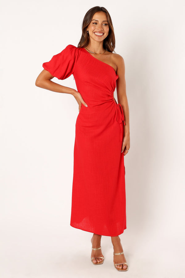 DRESSES @Kimmie One Shoulder Cut Out Midi Dress - Red