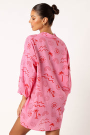 DRESSES @Laila Long Sleeve Linen Mini Dress - Pink Red