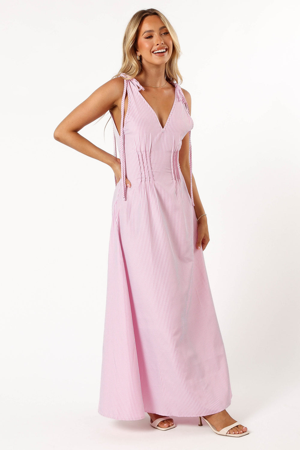DRESSES @Lainey Tie Maxi Dress - Pink Stripe (Hold for Transitional Essentials)