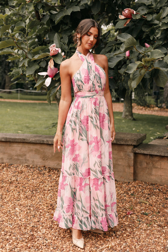 Riga Halterneck Maxi Dress Floral Pink