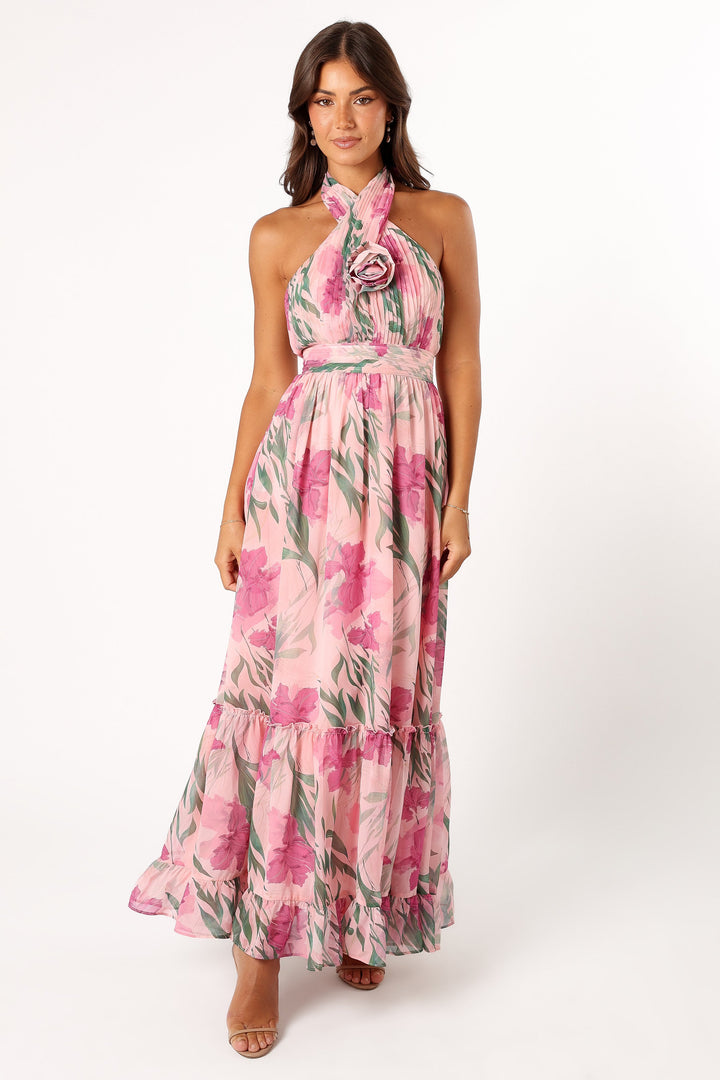 Veronique | Pink Hibiscus Floral Halter-Neck Maxi Dress