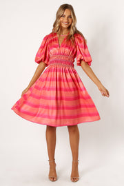DRESSES @Lennon Puff Sleeve Midi Dress - Pink Orange