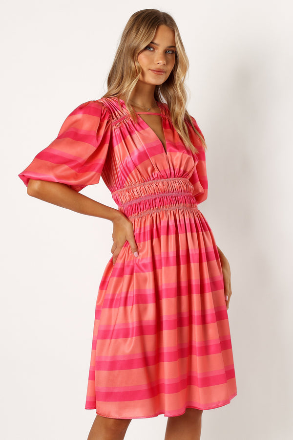 DRESSES @Lennon Puff Sleeve Midi Dress - Pink Orange