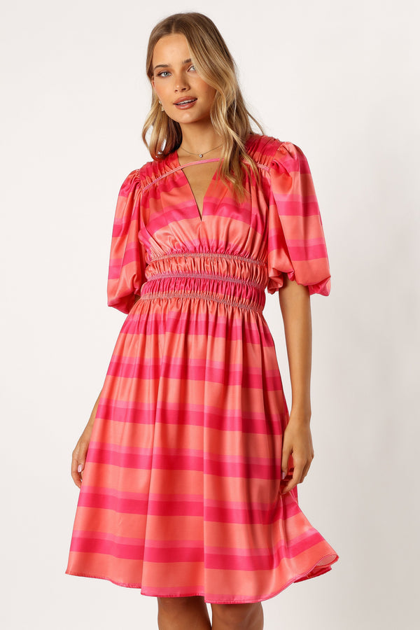 DRESSES @Lennon Puff Sleeve Midi Dress - Pink Orange