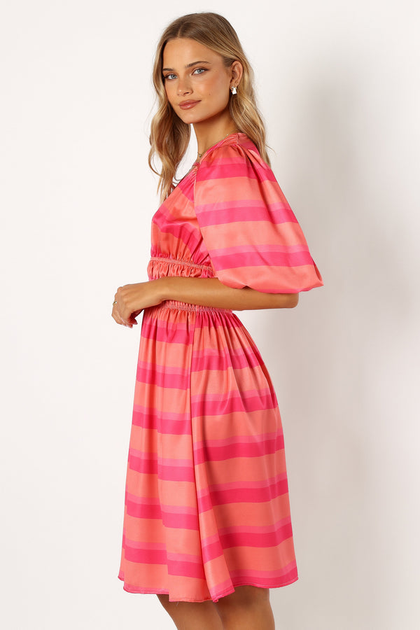 DRESSES @Lennon Puff Sleeve Midi Dress - Pink Orange