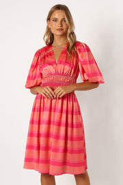 DRESSES @Lennon Puff Sleeve Midi Dress - Pink Orange