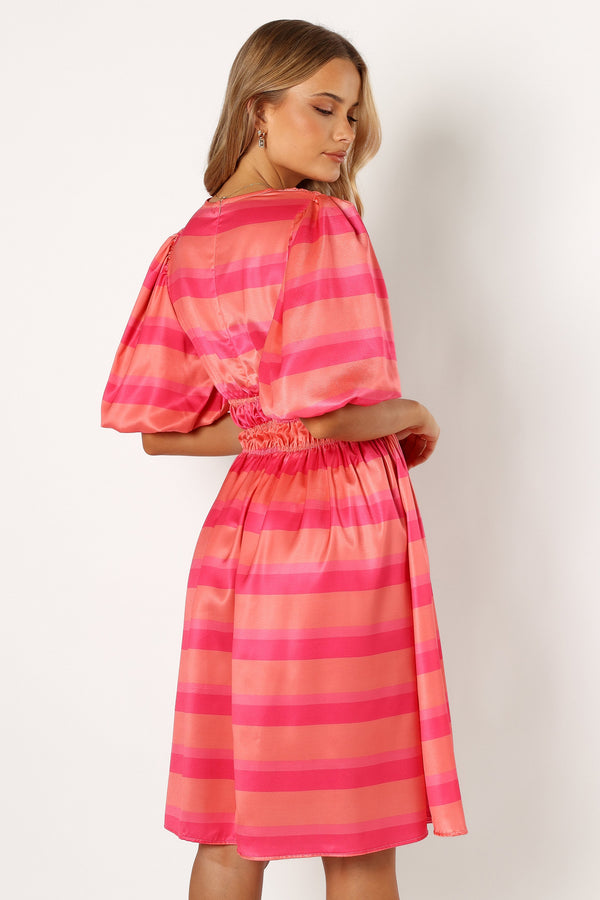 DRESSES @Lennon Puff Sleeve Midi Dress - Pink Orange