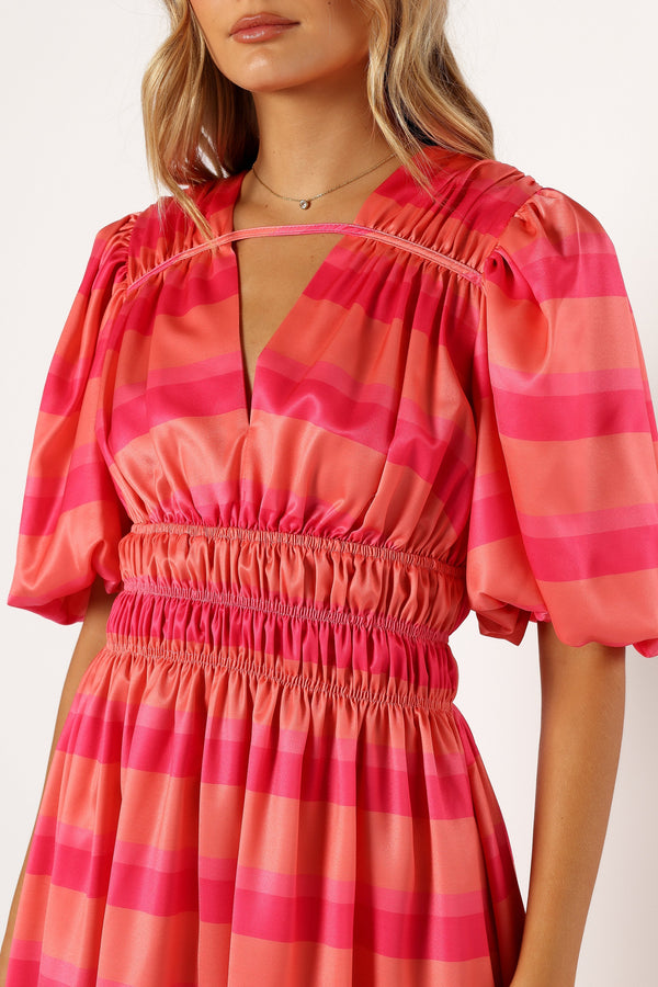 DRESSES @Lennon Puff Sleeve Midi Dress - Pink Orange