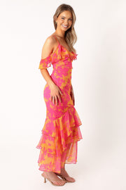 DRESSES @Leon Tiered Midi Dress - Pink Orange