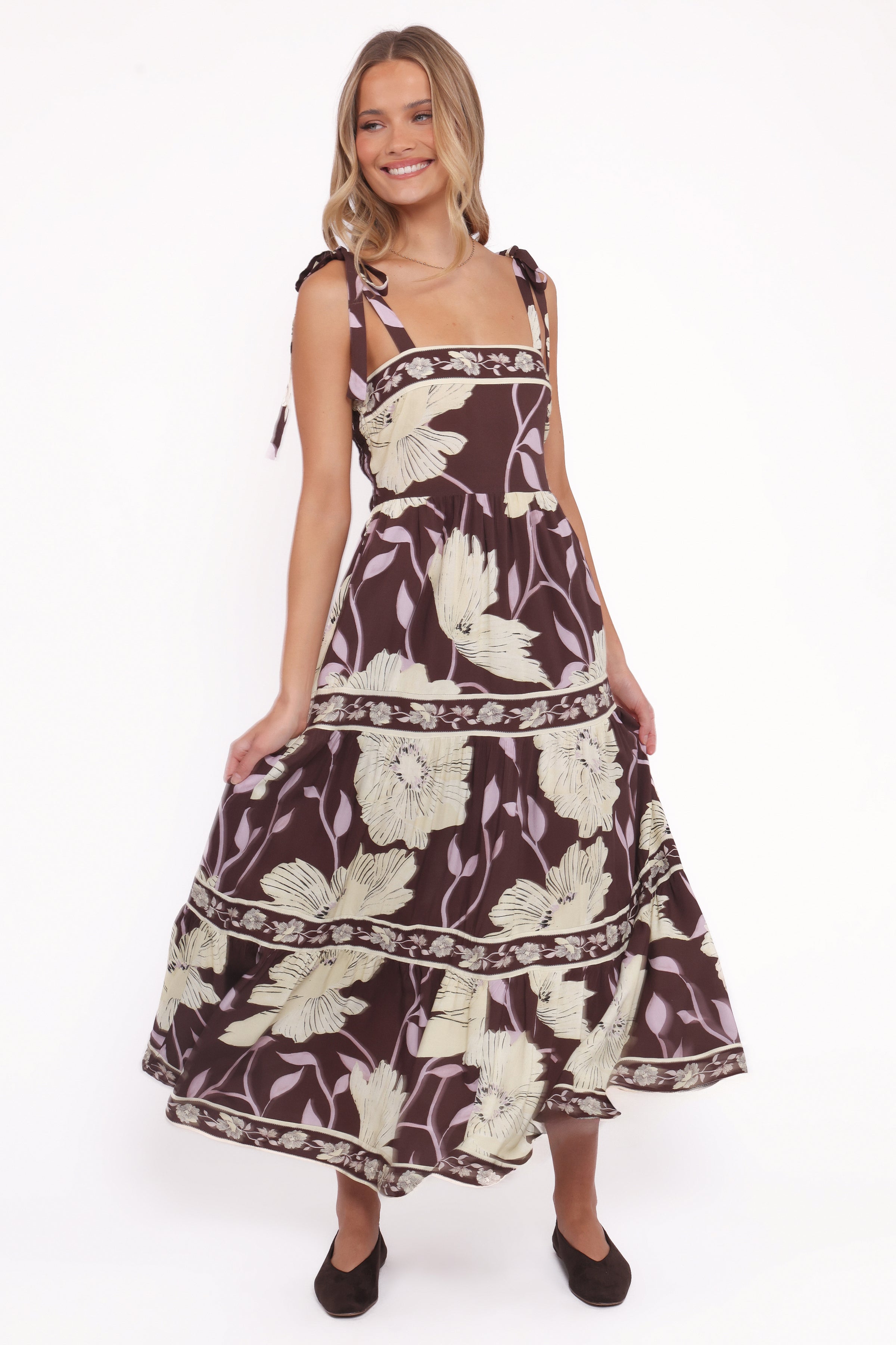 yellow and brown floral dress Silver Crystal Embellished Empire-Waist Dress in Beige – Maxim Creation main image 1