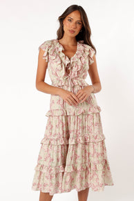 DRESSES @Levelle Midi Ruffle Dress - Ivory/Red Green Floral