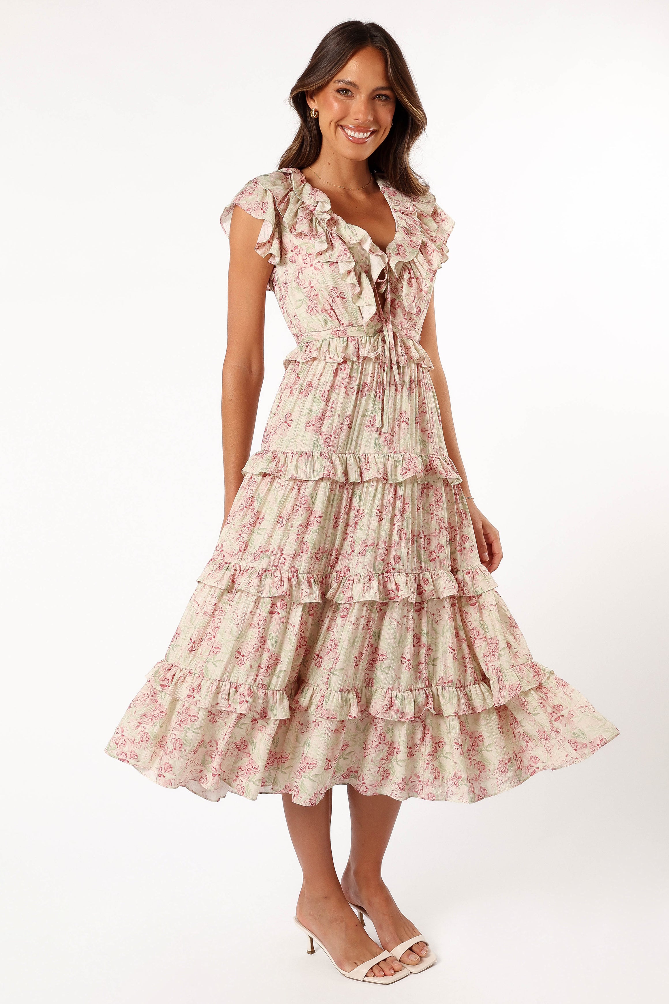 DRESSES @Levelle Midi Ruffle Dress - Ivory/Red Green Floral