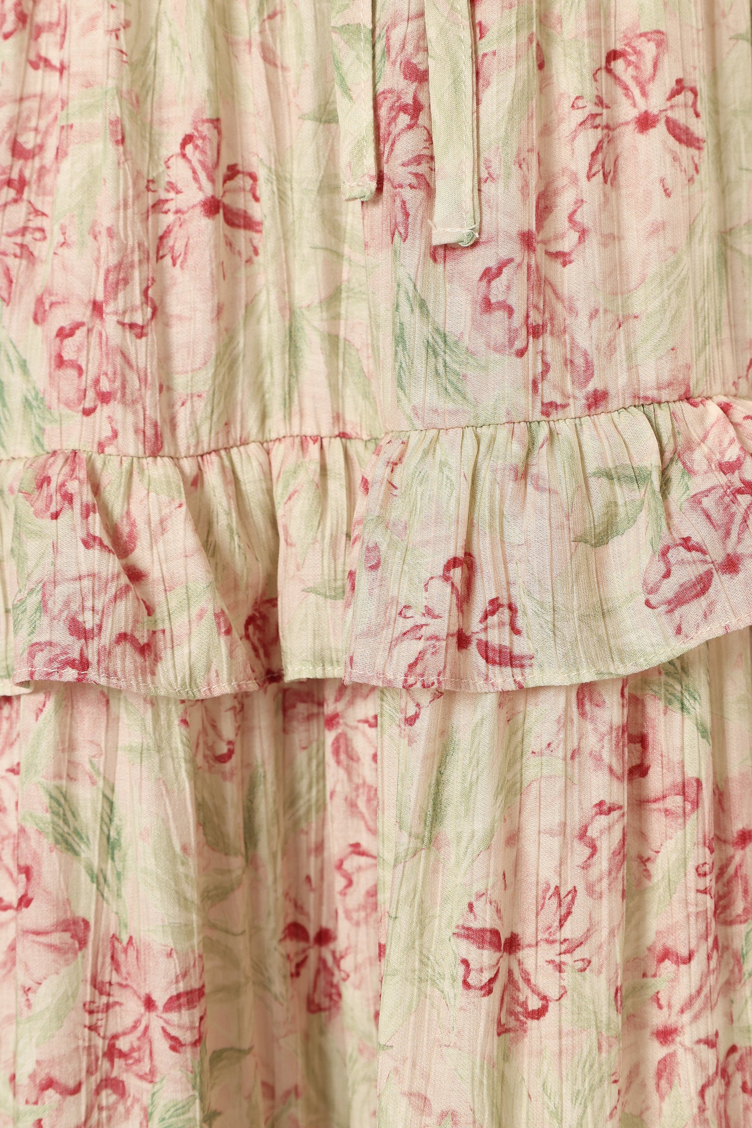 DRESSES @Levelle Midi Ruffle Dress - Ivory/Red Green Floral