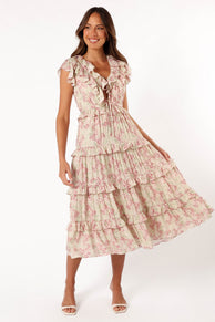 DRESSES @Levelle Midi Ruffle Dress - Ivory/Red Green Floral