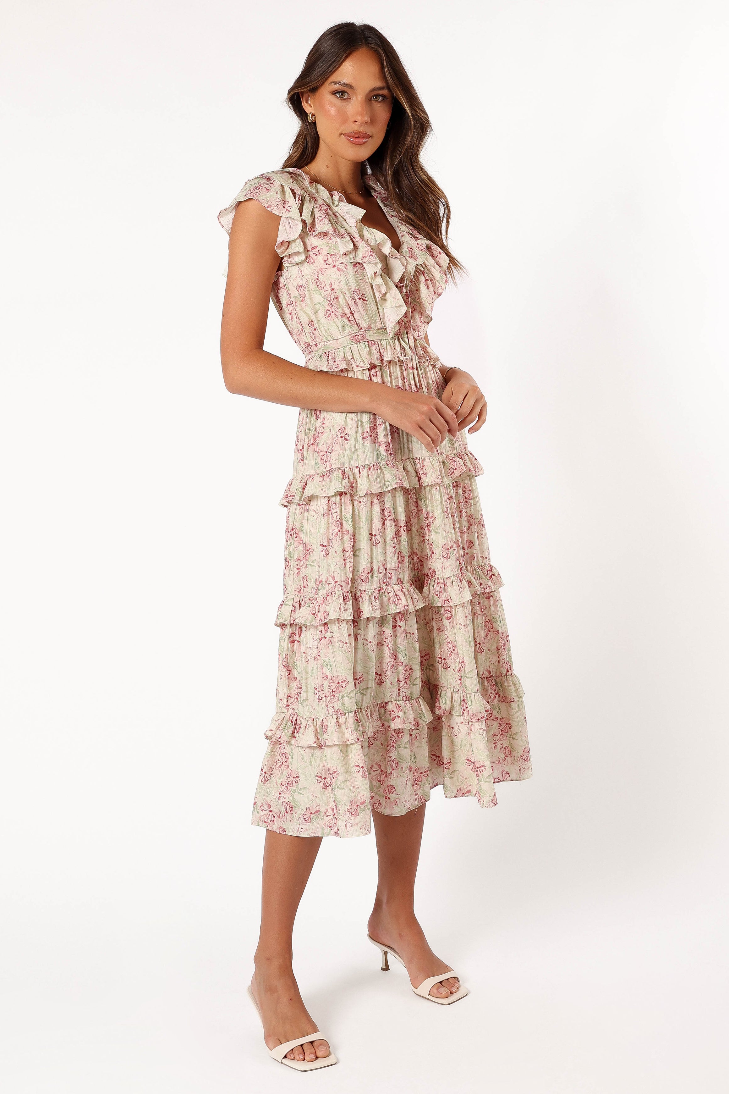 DRESSES @Levelle Midi Ruffle Dress - Ivory/Red Green Floral