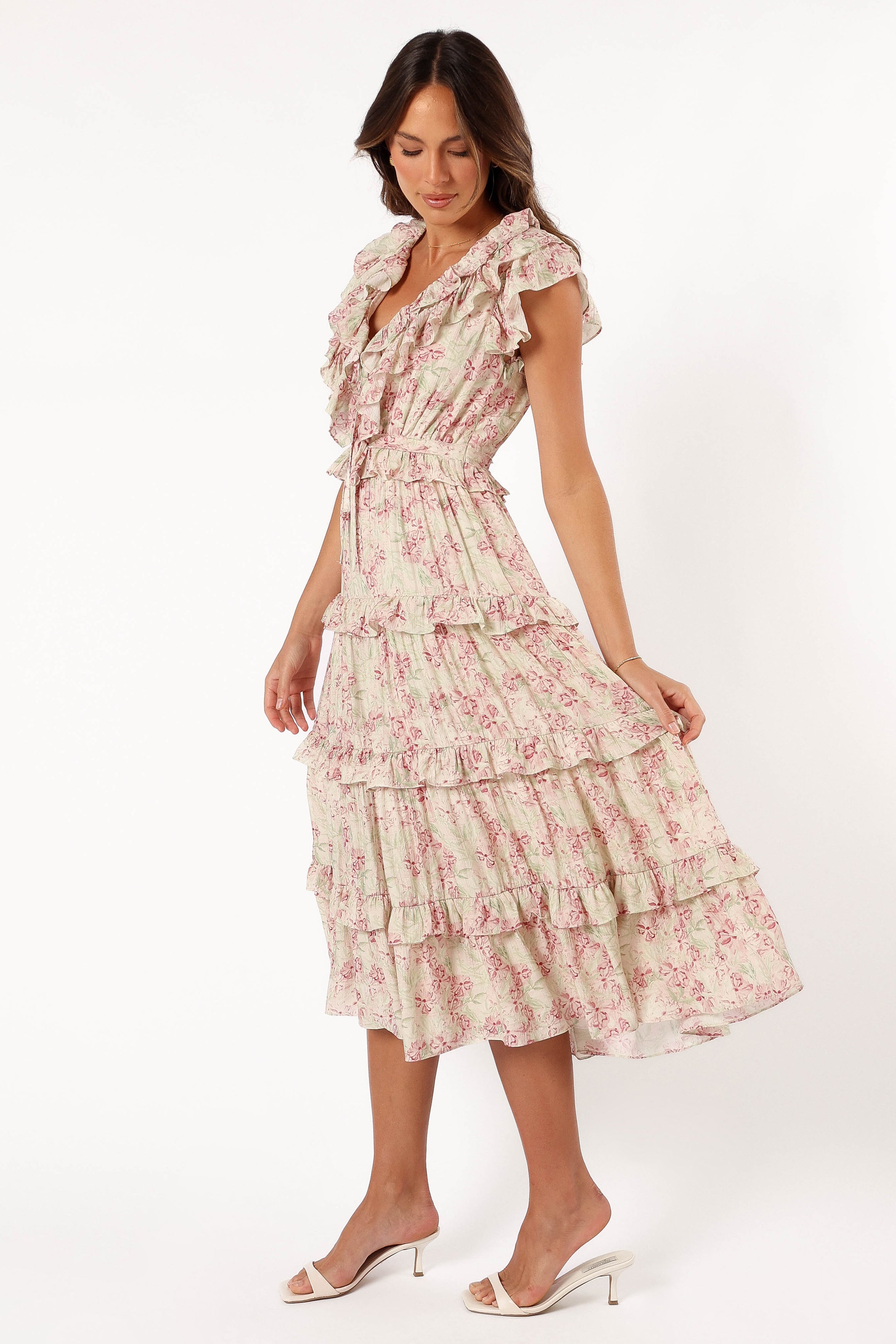 DRESSES Levelle Midi Ruffle Dress - Ivory/Red Green Floral