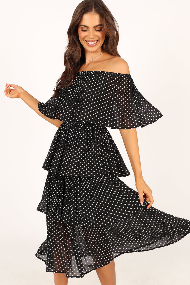 Lilli Tiered Midi Dress - Black White Polka Dot - Petal & Pup